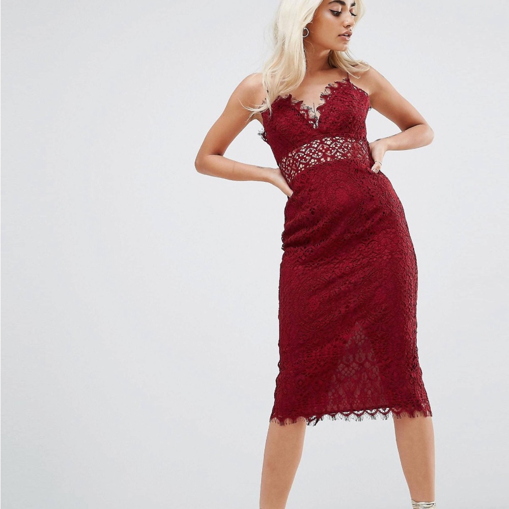 ASOS PETITE Burgundy Lace Cami Midi Pencil Dress - Size 6P